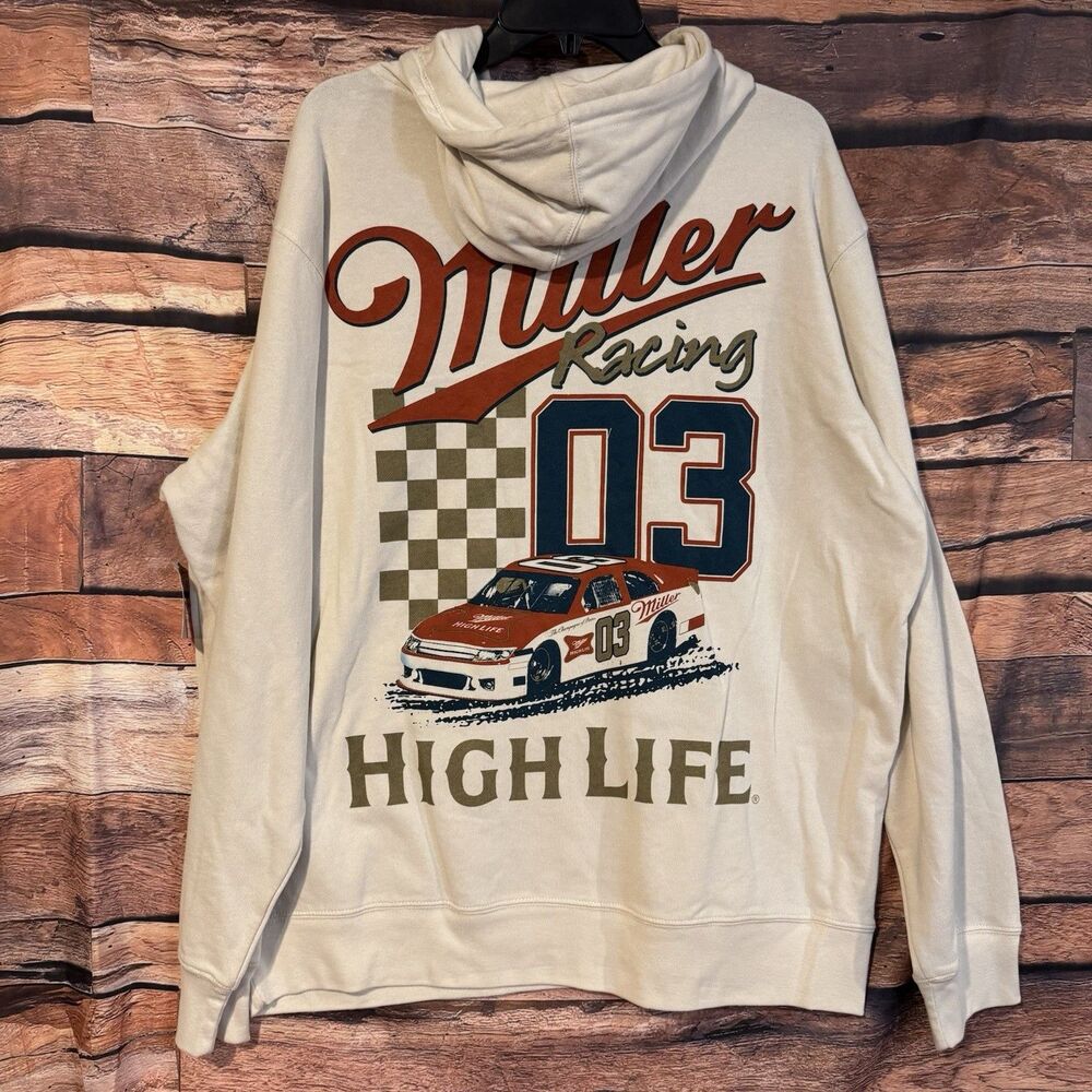 Mad Engine Miller High Life Racing Hoodie Mens Large L Cream White Sweatshirt 03